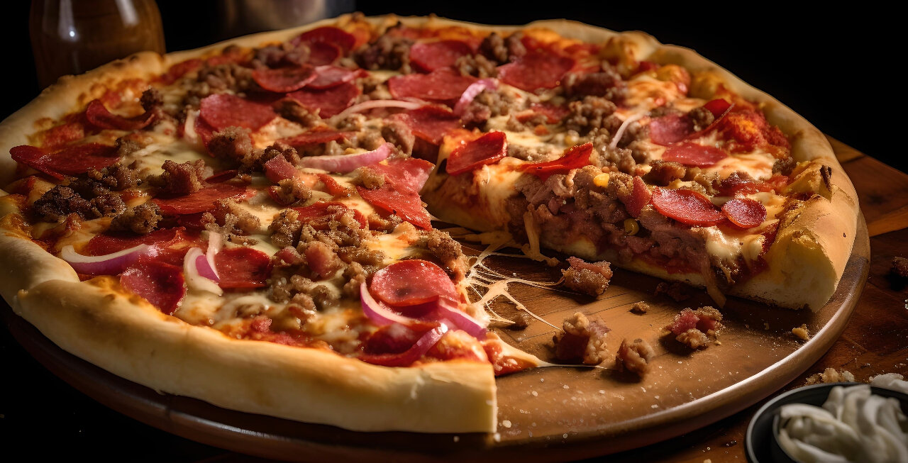 Meat pizza on a platter with one piece missing